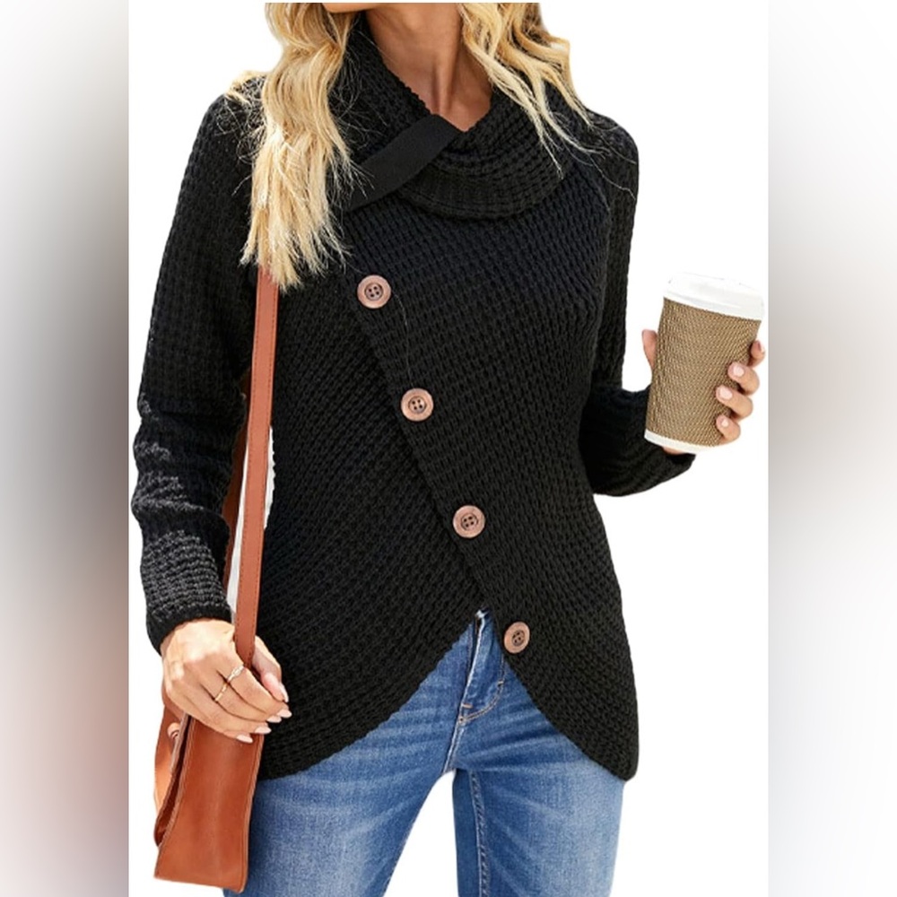 Cowl Neck Knit Waffle Sweater Asymmetrical Slant Button Up Pullover Knitwear